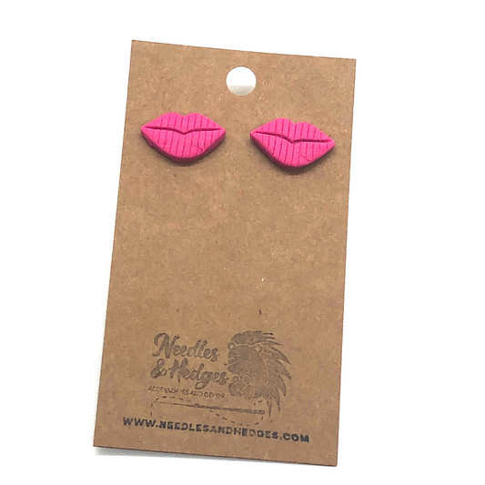 Pink Lips Stud Earrings with Lines